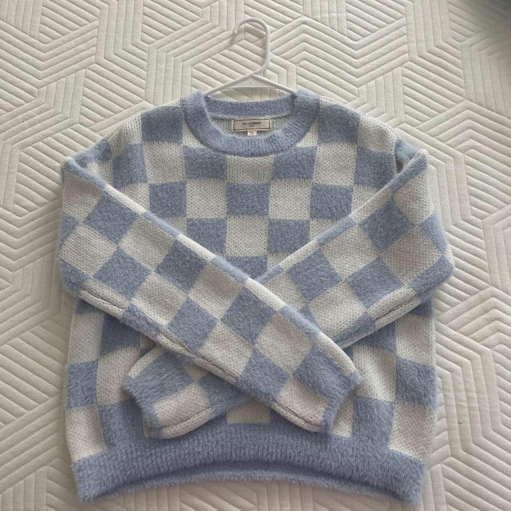 Fuzzy blue and white checkered sweater